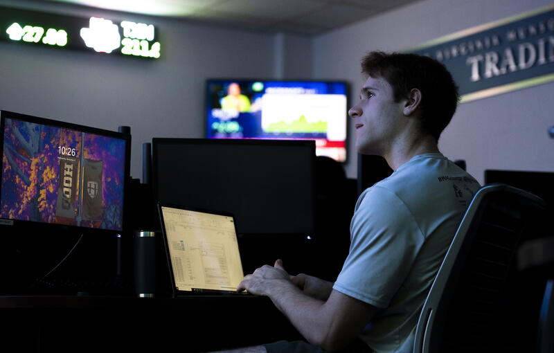 A student in the mock trading room.