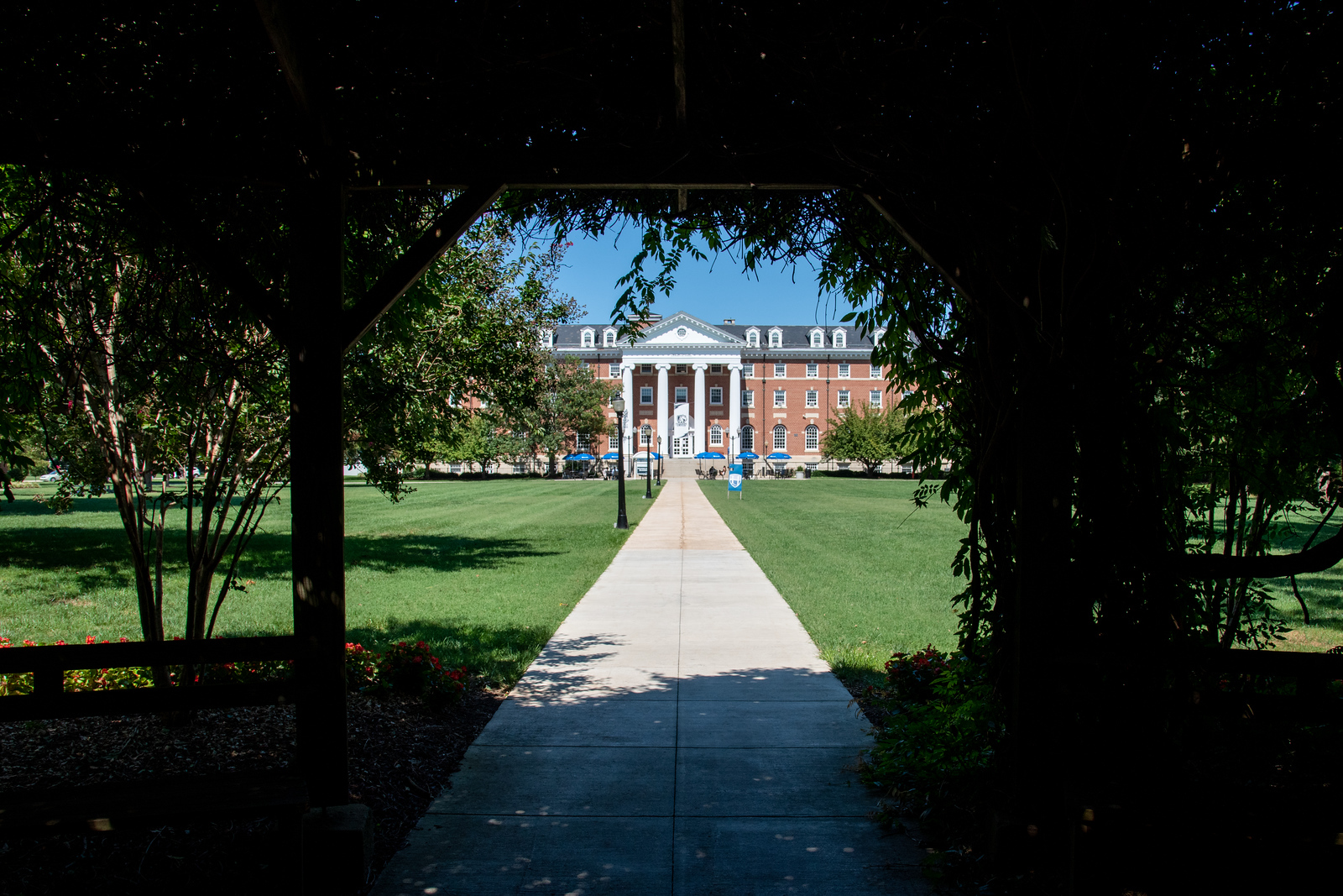 Coblentz Hall through the Pergola