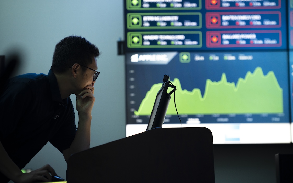 A student in the mock trading room.