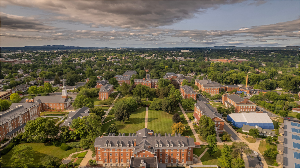 Aerial photo of Hood College's campus, facing south towards the residential quadrangle