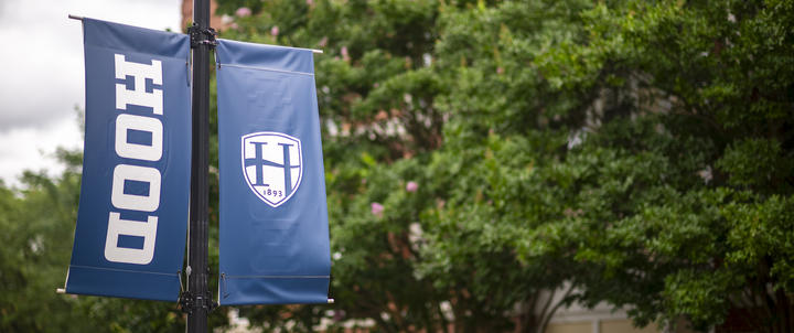 A Hood College banner on a light post.