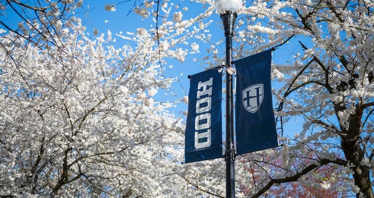 A Hood College banner hangs on the residential quadrangle